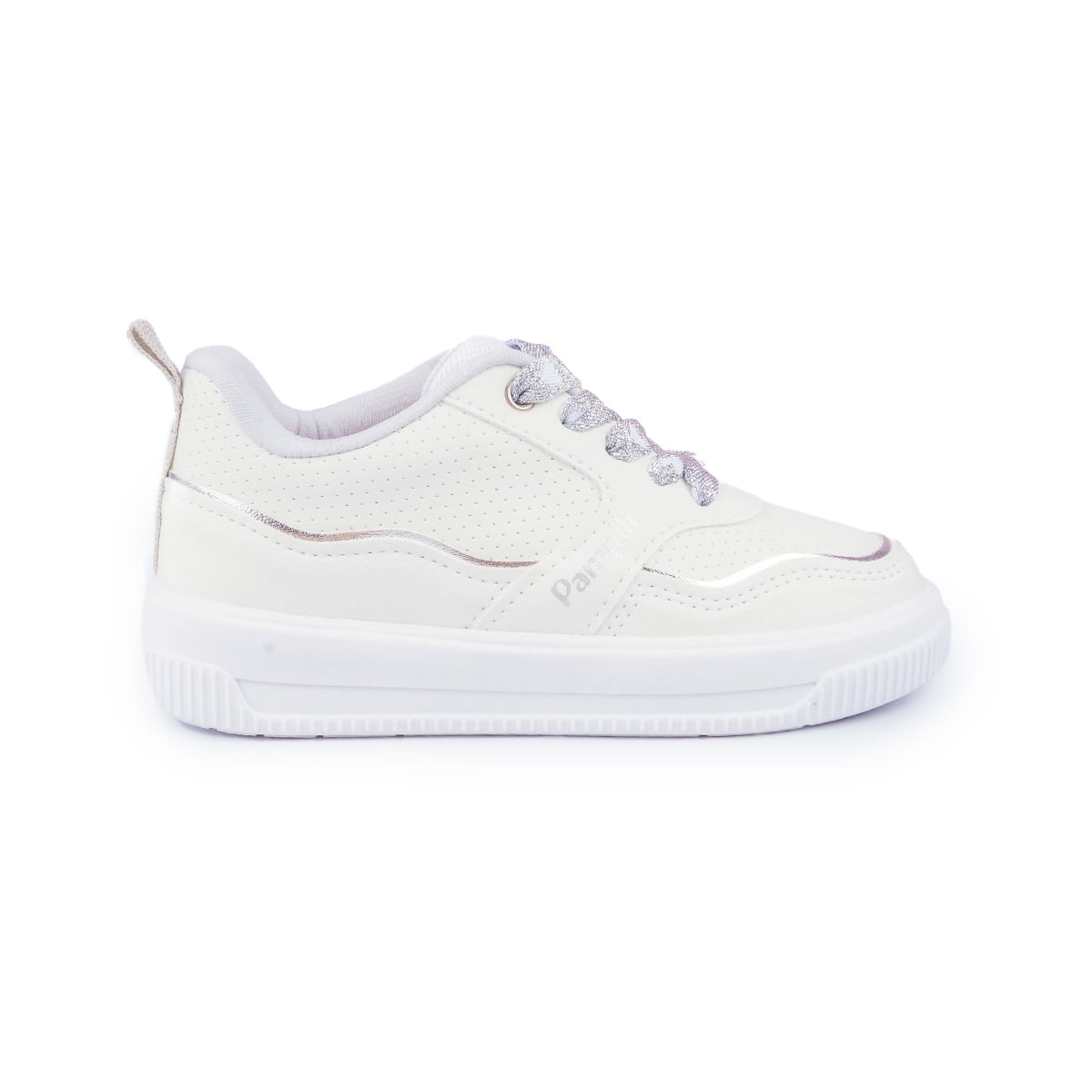 Tênis infantil feminino Pampili branco com detalhes dourados, vista lateral